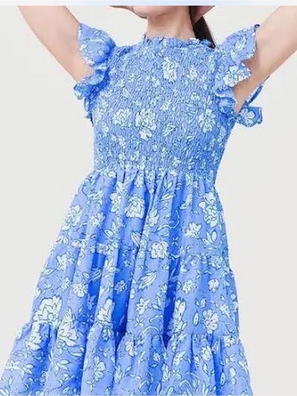 Girls' Blue Floral Smocked Cotton Dress